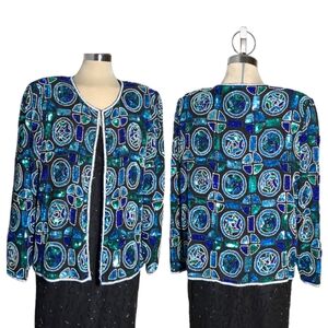 Vintage Stenay Luxury Handmade Green Blue & White 100% Silk jacket Size L